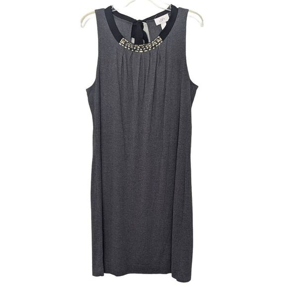 New LOFT Charcoal Jersey Knit Shift Dress Bead Accented Neckline Women Size L - Picture 9 of 9